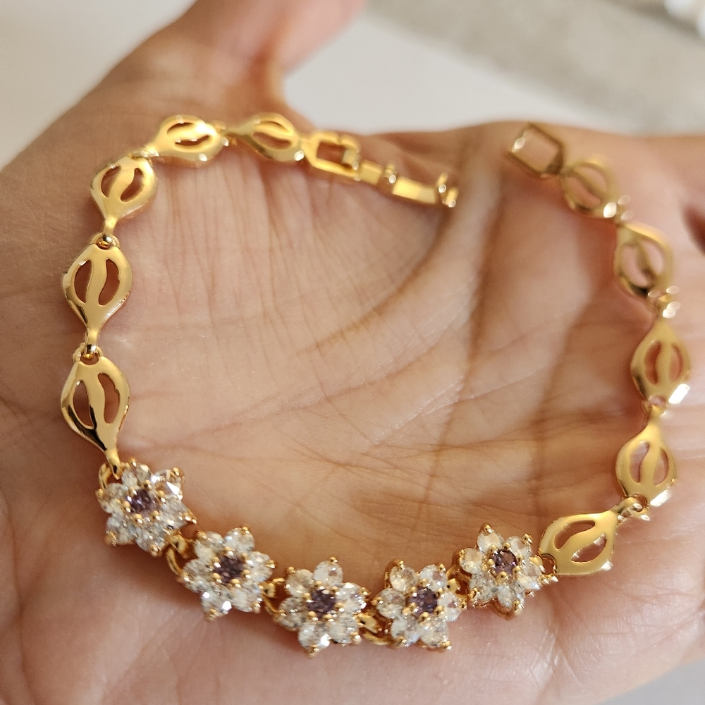 New 18K Gold Plated Amethyst Diamond Flower Bracelet for Women